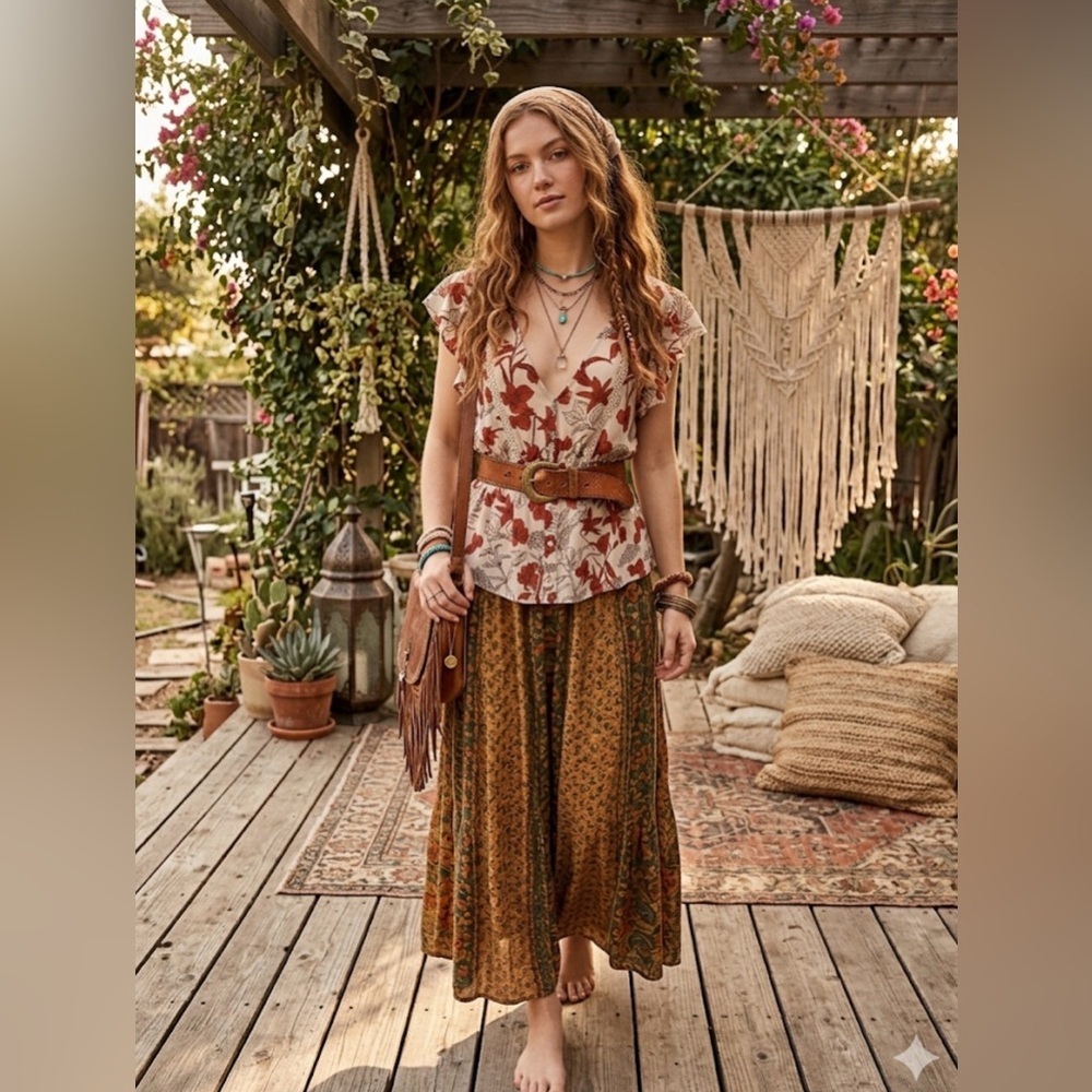 Boho Floral V-Neck Peplum Top - Rust Floral